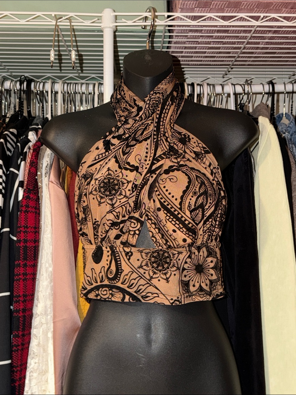 SHEIN Black Floral Paisley Halter Crop Top on Tan